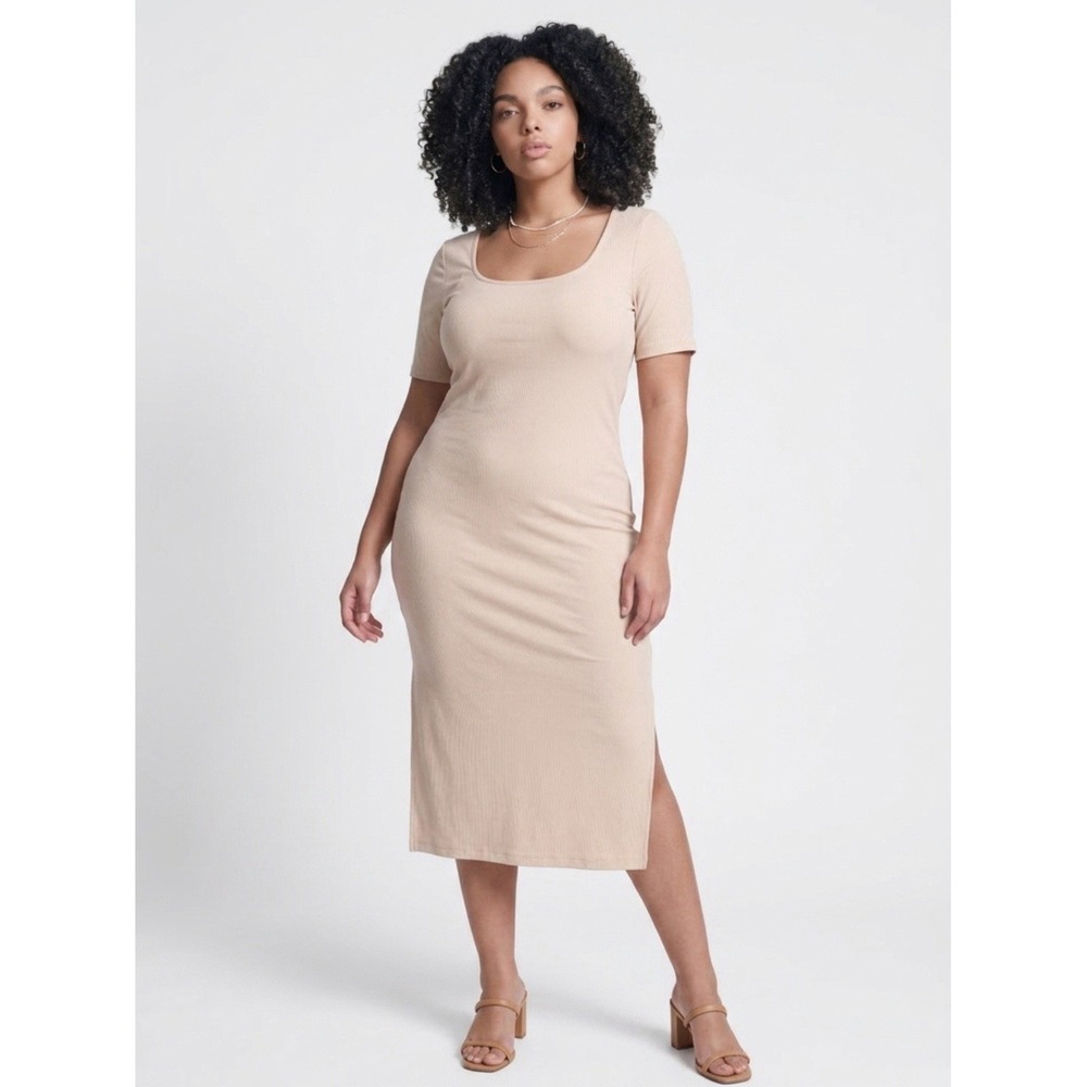 Old Navy Midi Rib Stretch Dress Square Neck Cream Side Split Minimal officecore